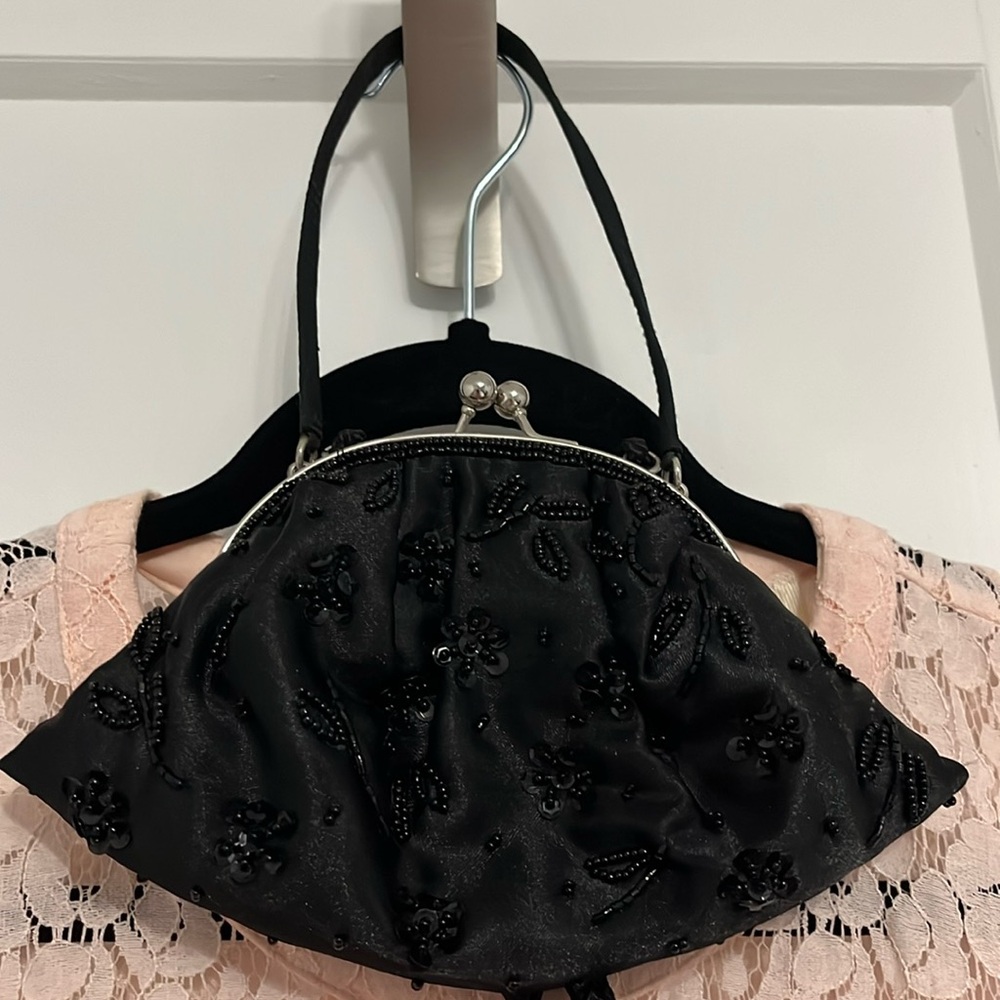 Black Beaded evening satin clutch